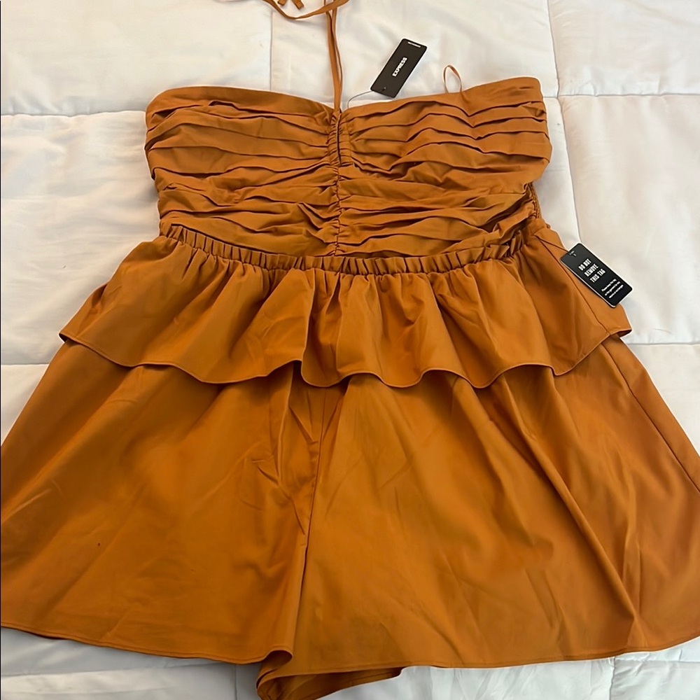 Orange rust Strapless Ruffled Romper